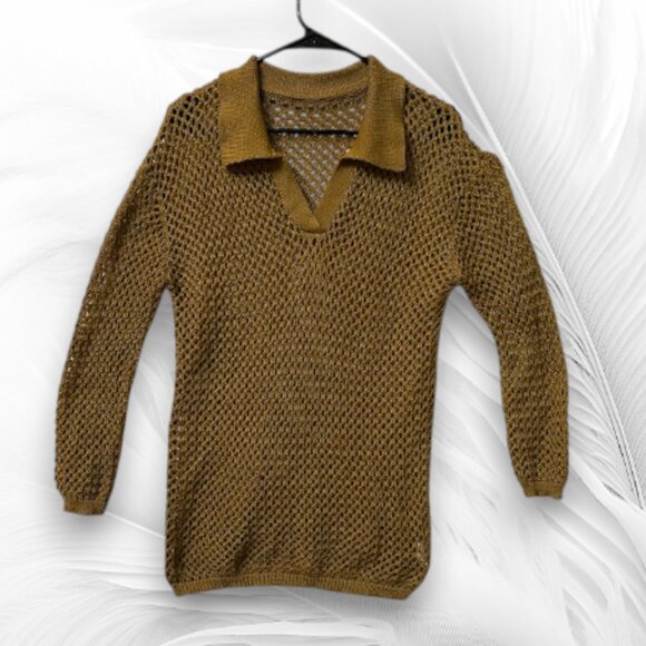 New Mustard Open Knit Sweater with Collar Size: M - Picture 2 of 8